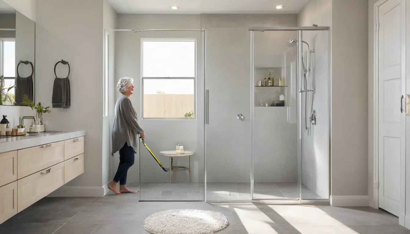Homeowner stepping into a new low-step walk-in shower with grab bar in a bright bathroom near Frisco